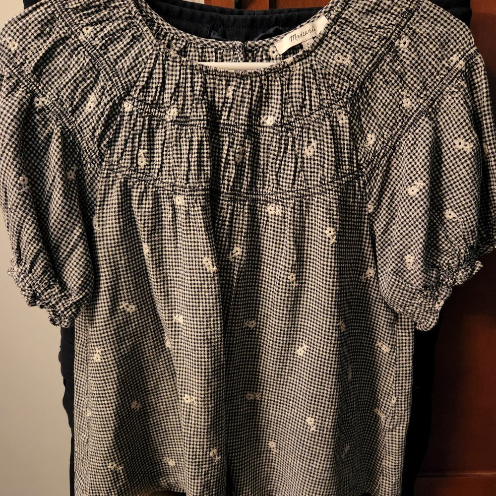 Madewell Embroidered Gingham Shirred Puff-Sleeve Top